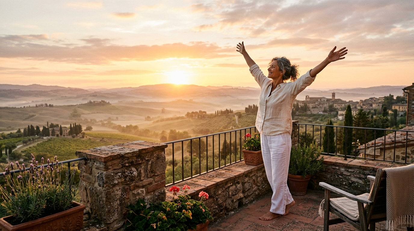 Donna che si allunga verso il sole dell'alba su una terrazza toscana