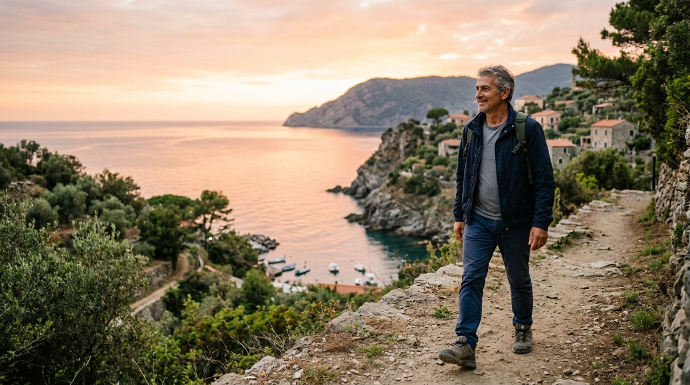 Uomo italiano che cammina lungo un sentiero costiero mediterraneo all'alba
